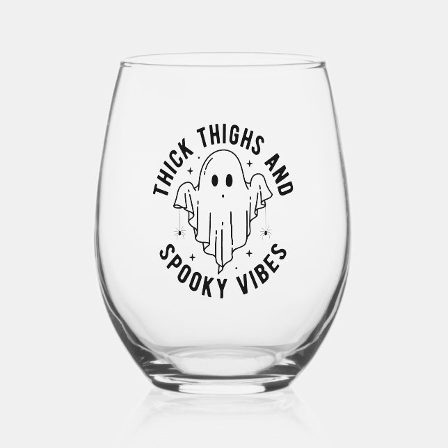 "Thick Thighs And Spooky Vibes" Stemless Wine Glass (Front)