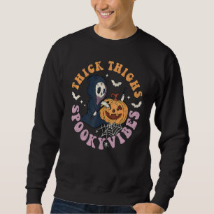 Thick Thighs Spooky Vibes Death Pumpkin Retro Hall Sweatshirt