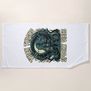 Thick Thighs Spooky Vibes Halloween Haunted House  Beach Towel