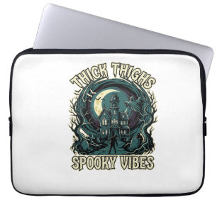 Thick Thighs Spooky Vibes Halloween Haunted House Laptop Sleeve