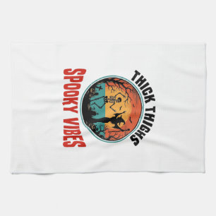 Thick Thighs Spooky Vibes Vintage Halloween Design Tea Towel