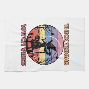 Thick Thighs Witch Vibes Halloween Pumpkin Silhoue Tea Towel