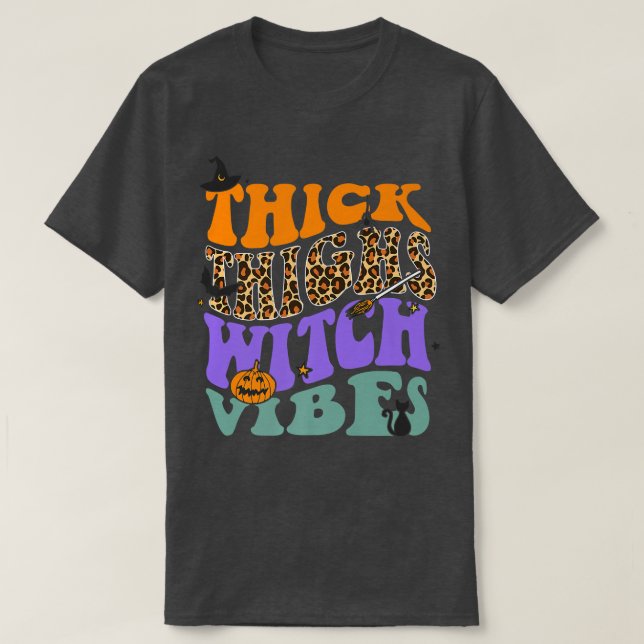 Thick Thighs Witch Vibes Leopard Pumpkin Witch Hat T-Shirt (Design Front)