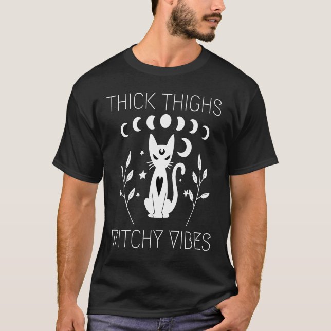 Thick Thighs Witch Vibes Moon Phases Cat T-Shirt (Front)