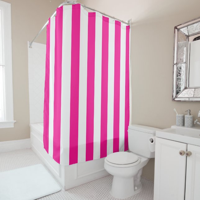 Thick Vertical Stripes Deep Pink And White Striped Shower Curtain (In Situ)
