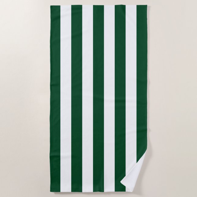 Thick Vertical Stripes Forest Green White Striped  Beach Towel (Front)