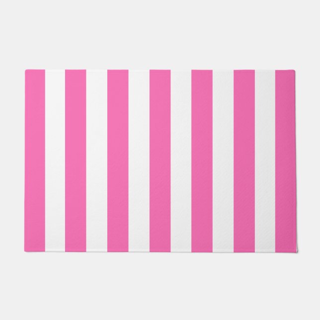 Thick Vertical Stripes Hot Pink And White Striped Doormat (Front)