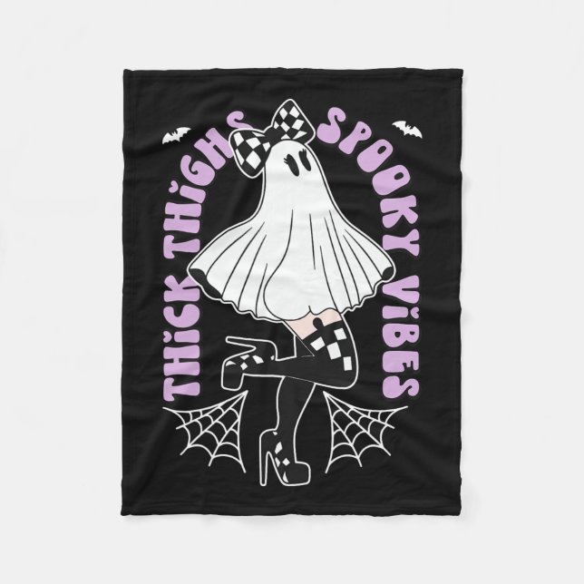 Thighs Spooky Vibes Cute Ghost Halloween Bats Bow  Fleece Blanket (Front)