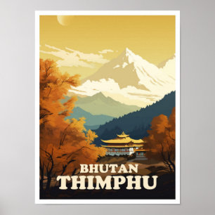 Thimphu Bhutan Art Vintage Travel Illustration Poster