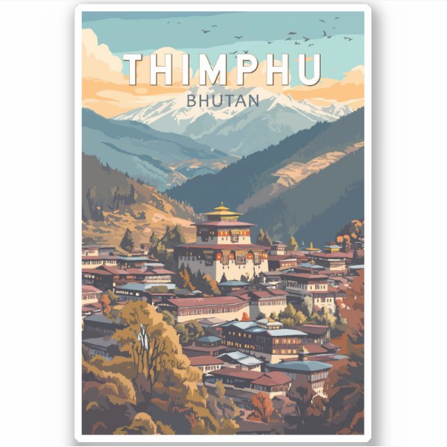 Thimphu Bhutan Illustration Travel Art Vintage (Front)