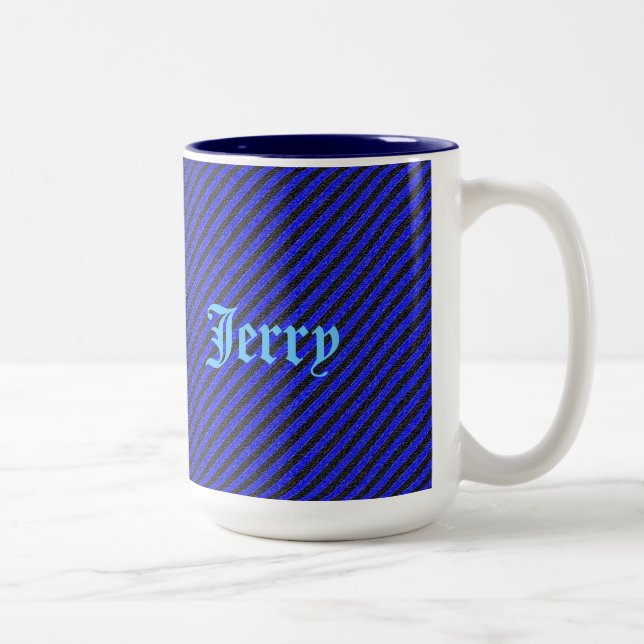 Thin Black and Blue Diagonal Stripes Two-Tone Coffee Mug (Right)