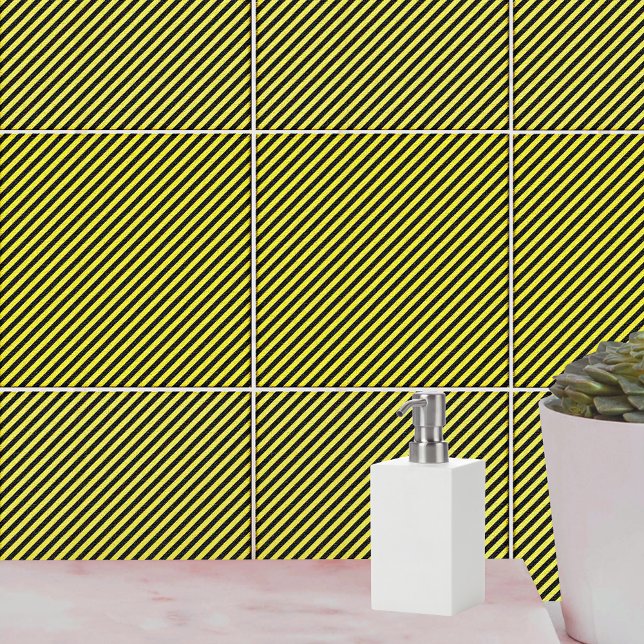 Thin Black and Yellow Diagonal Stripes Tile (Thin Black and Yellow Diagonal Stripes Tile)