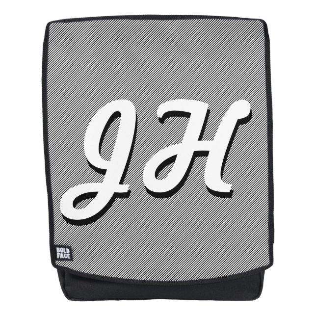 Thin Black & White Stripes | Retro-Styled Initials Backpack (Front)