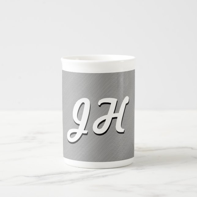 Thin Black & White Stripes | Retro-Styled Initials Bone China Mug (Front)