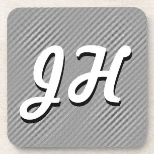 Thin Black & White Stripes   Retro-Styled Initials Coaster