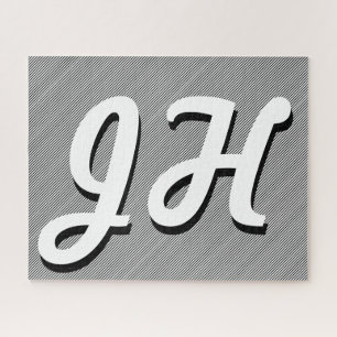 Thin Black & White Stripes Retro-Styled Initials Jigsaw Puzzle