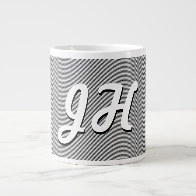 Thin Black & White Stripes | Retro-Styled Initials Large Coffee Mug (Front)