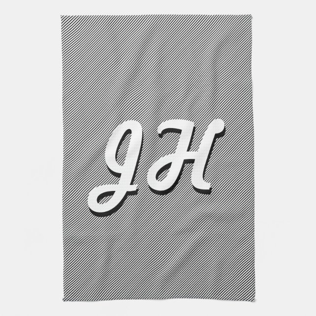 Thin Black & White Stripes | Retro-Styled Initials Tea Towel (Vertical)