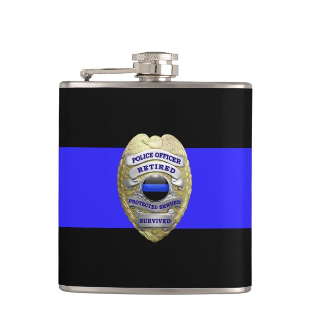 Thin Blue Line 2-Tone Gold Retired Police Badge Hip Flask (Front)