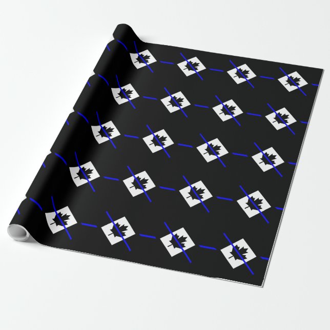 Thin Blue Line Accent on Canadian Flag Wrapping Paper (Unrolled)