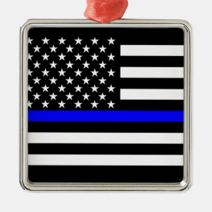Thin Blue Line American Flag Black and White Metal Tree Decoration