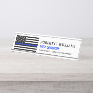 Thin Blue Line American Flag Customised White Desk Name Plate