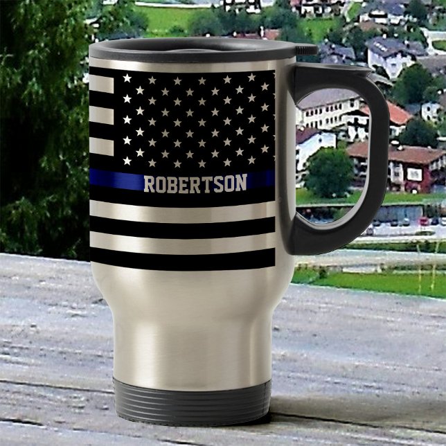 Thin Blue Line - American Flag Personalised Custom Travel Mug (Creator Uploaded)