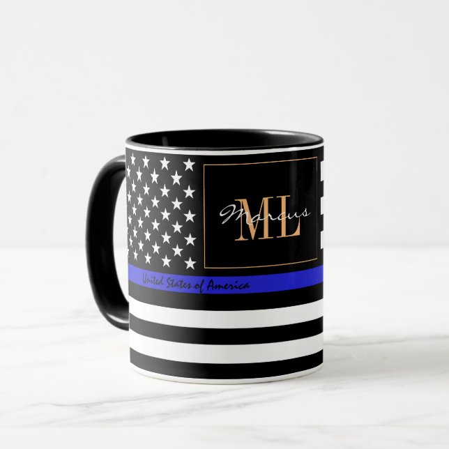 Thin Blue Line & American Flag police / USA office Mug (Front Left)
