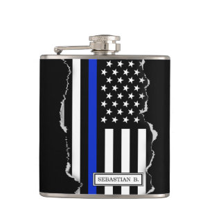 Thin Blue Line American Flag Torn Out Look Hip Flask