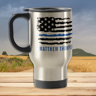 Thin Blue Line - American Flag USA Blue - Police Travel Mug