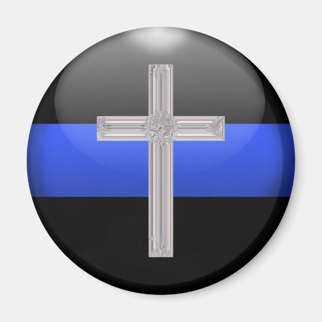 Thin Blue Line and Crystal Safety Prayer Cross Magnet (Front)