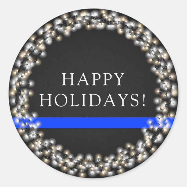 Thin Blue Line Christmas Lights Wreath Police Classic Round Sticker (Front)
