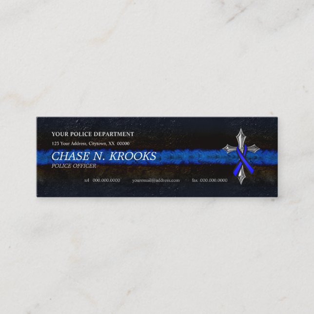 Thin Blue Line Cross and Police Officer Ribbon Mini Business Card (Front)