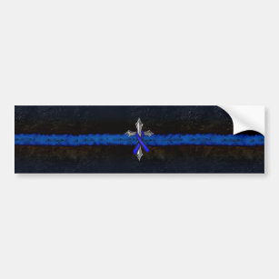 Thin Blue Line Cross and Ribbon Bumper Sticker