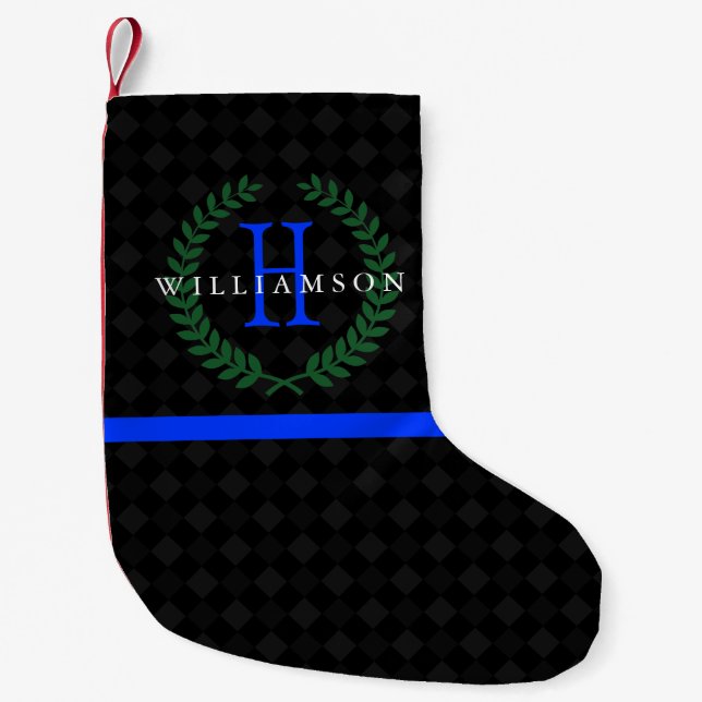 Thin Blue Line Custom Monogram Small Christmas Stocking (Front)