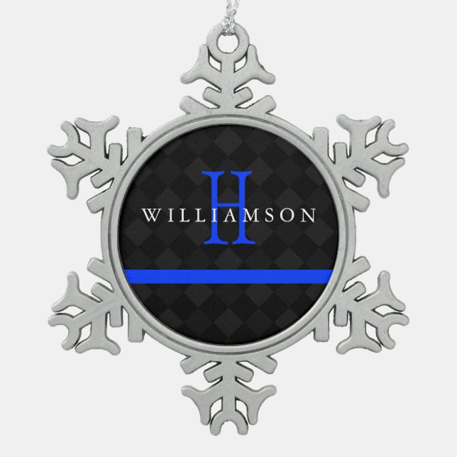Thin Blue Line Custom Monogram Snowflake Pewter Christmas Ornament (Front)