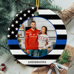 Thin Blue Line Custom Photo Police Christmas Ceramic Tree Decoration