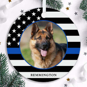 Thin Blue Line Flag Photo K9 Police Dog Christmas Metal Tree Decoration