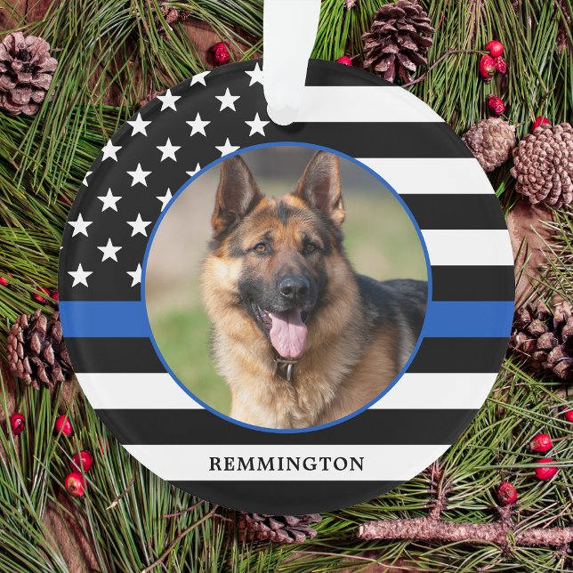 Thin Blue Line Flag Photo K9 Police Dog Christmas Ornament (Creator Uploaded)