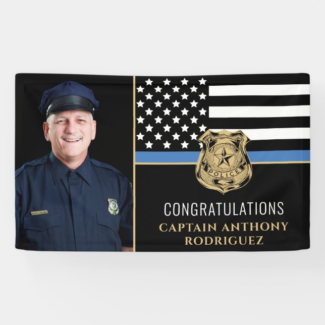 Thin Blue Line Flag Police Picture Retirement Banner (Horizontal)