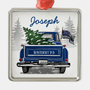 Thin Blue Line Flag Vintage Blue Truck Holiday Metal Tree Decoration