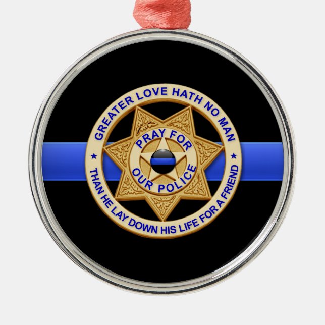 Thin Blue Line Greater Love Badge Metal Tree Decoration (Front)