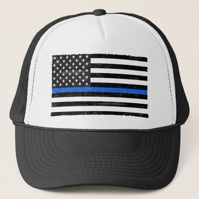 Thin Blue Line Grungy American Flag Trucker Hat (Front)
