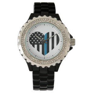 Thin Blue Line Heart Shaped Flag Watch