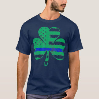 Thin Blue Line Irish Shamrock Police Gift  Flag T-Shirt