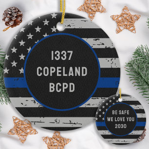 Thin Blue Line Law Enforcement Police Officer Ceramic Tree Decoration
