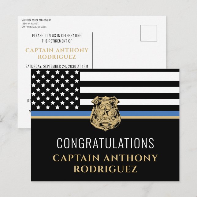 Thin Blue Line Law Enforcement Police Retirement Invitation Postcard (Front/Back)