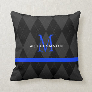 Thin Blue Line Monogram Black Argyle Pattern Cushion