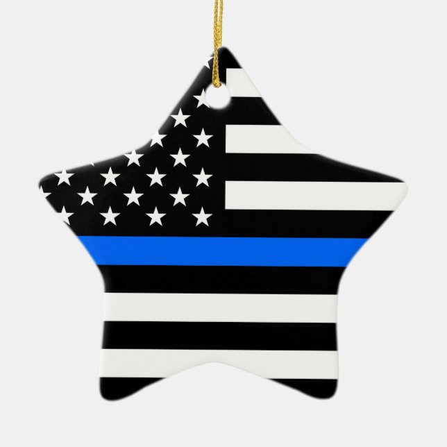 "THIN BLUE LINE ON AMERICAN FLAG" CERAMIC TREE DECORATION (Front)