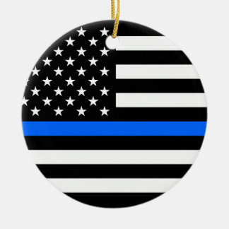 "THIN BLUE LINE ON AMERICAN FLAG" CERAMIC TREE DECORATION